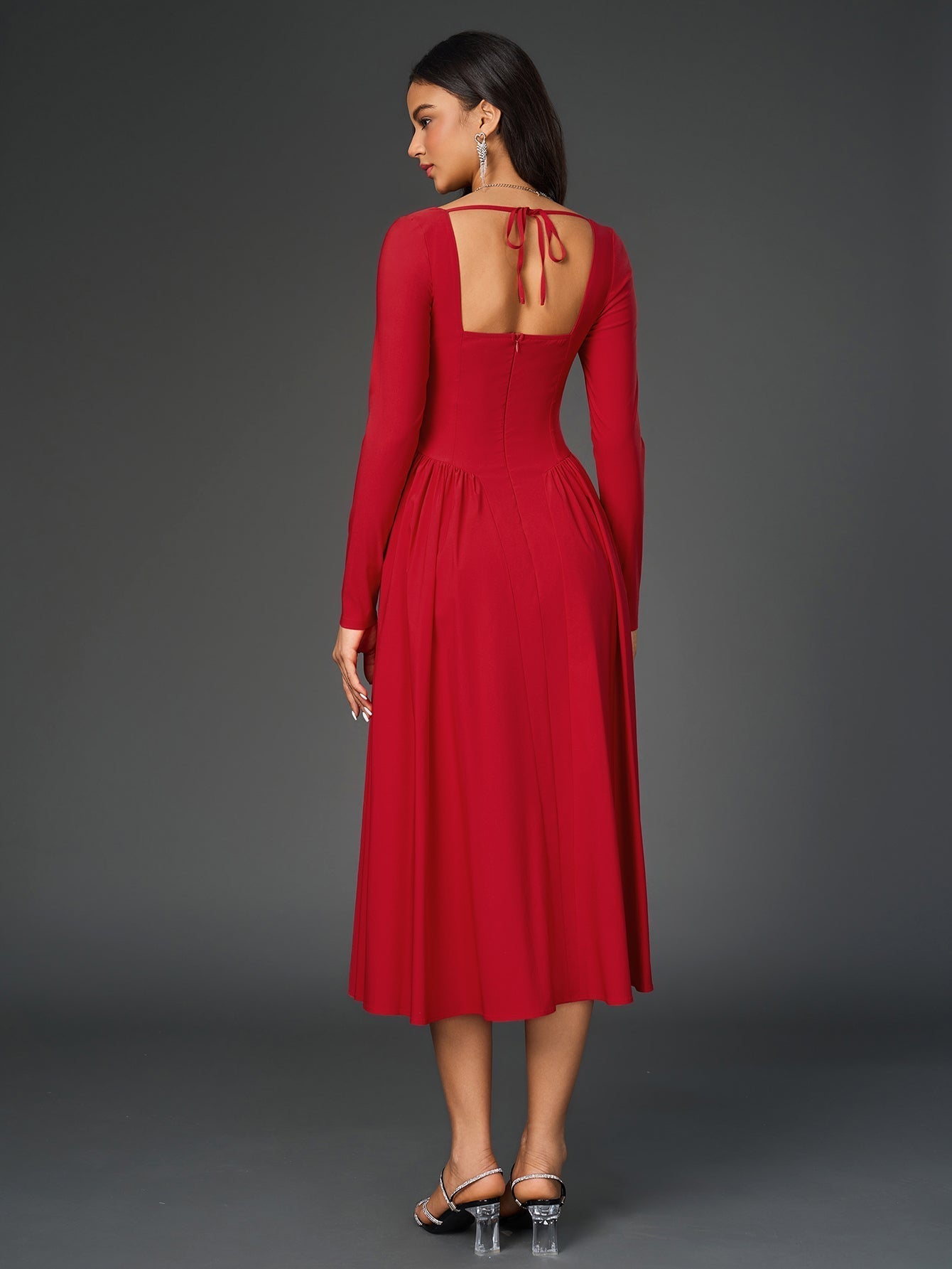 Long Sleeve Tie Back A-Line Dress – Elegant Maxi with Sweetheart Neckline & Ruched Detail