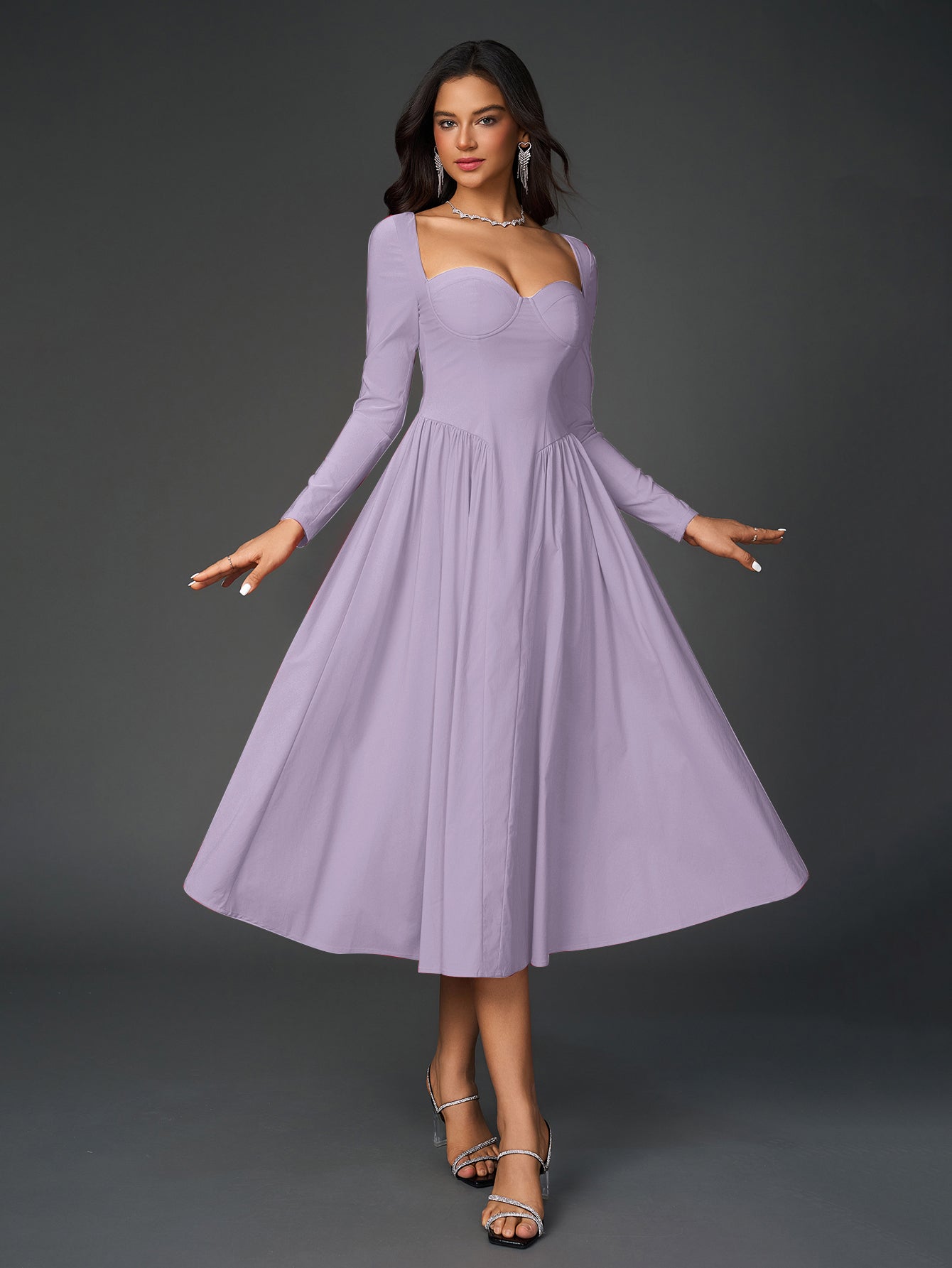 Long Sleeve Tie Back A-Line Dress – Elegant Maxi with Sweetheart Neckline & Ruched Detail