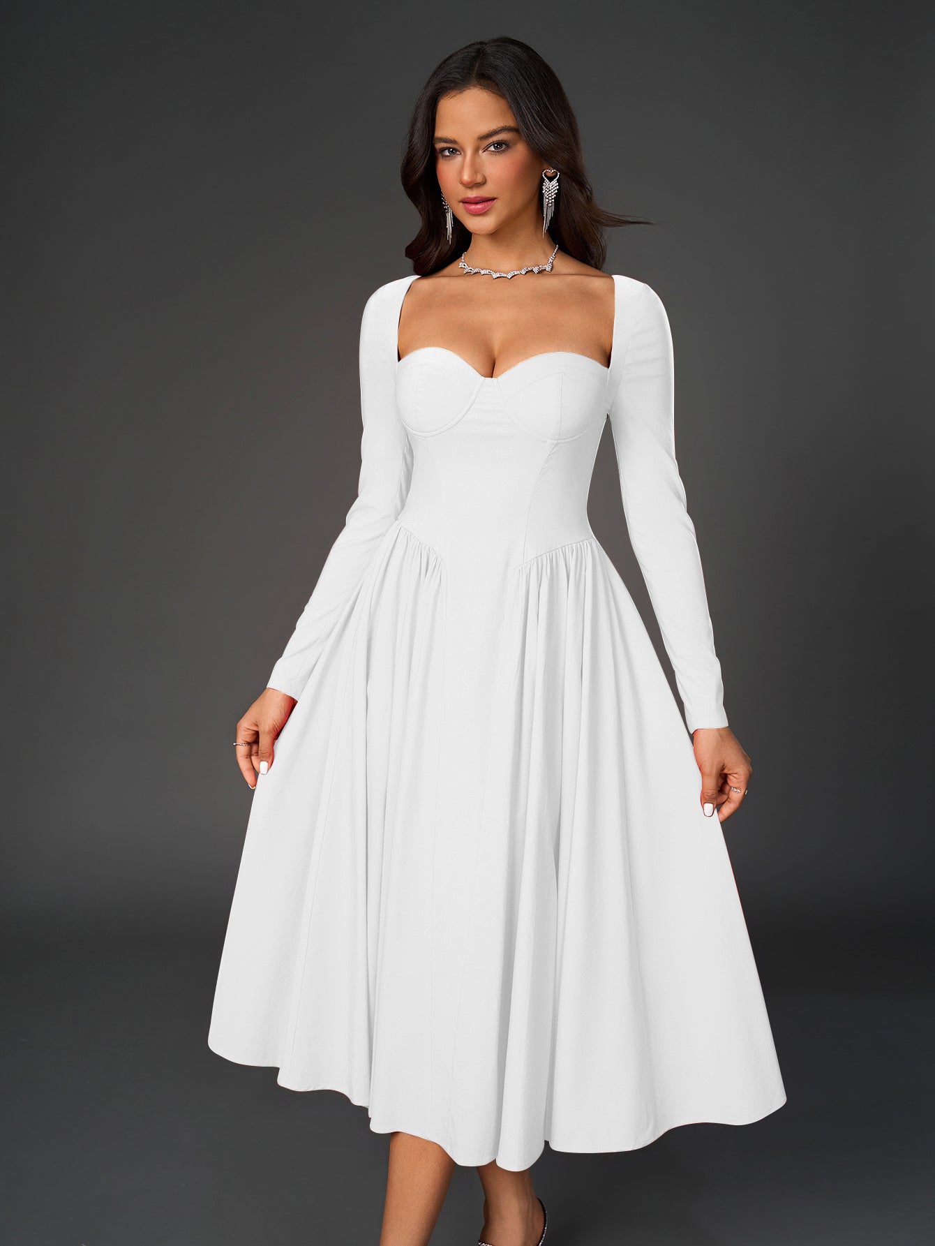 Long Sleeve Tie Back A-Line Dress – Elegant Maxi with Sweetheart Neckline & Ruched Detail