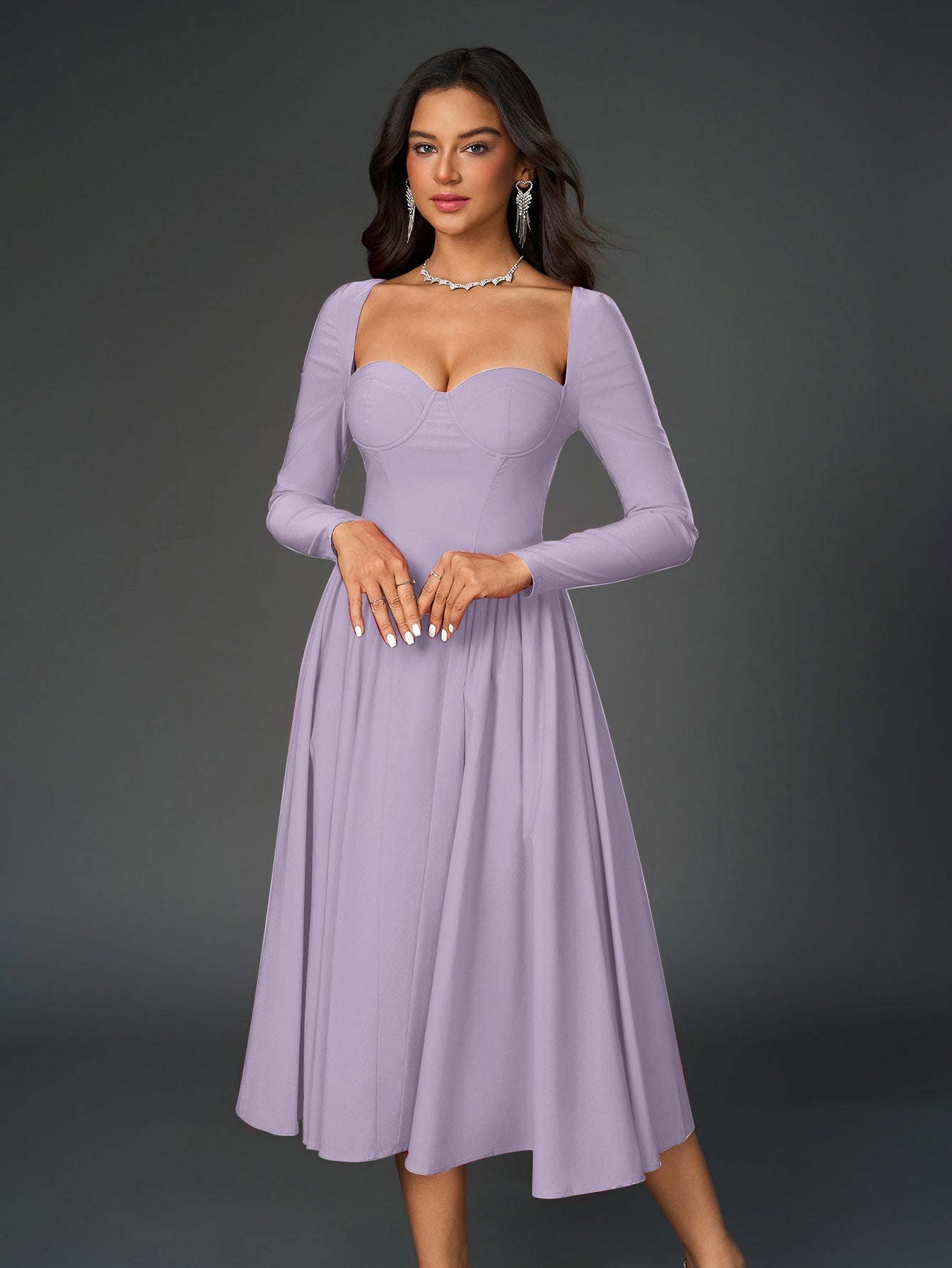 Long Sleeve Tie Back A-Line Dress – Elegant Maxi with Sweetheart Neckline & Ruched Detail
