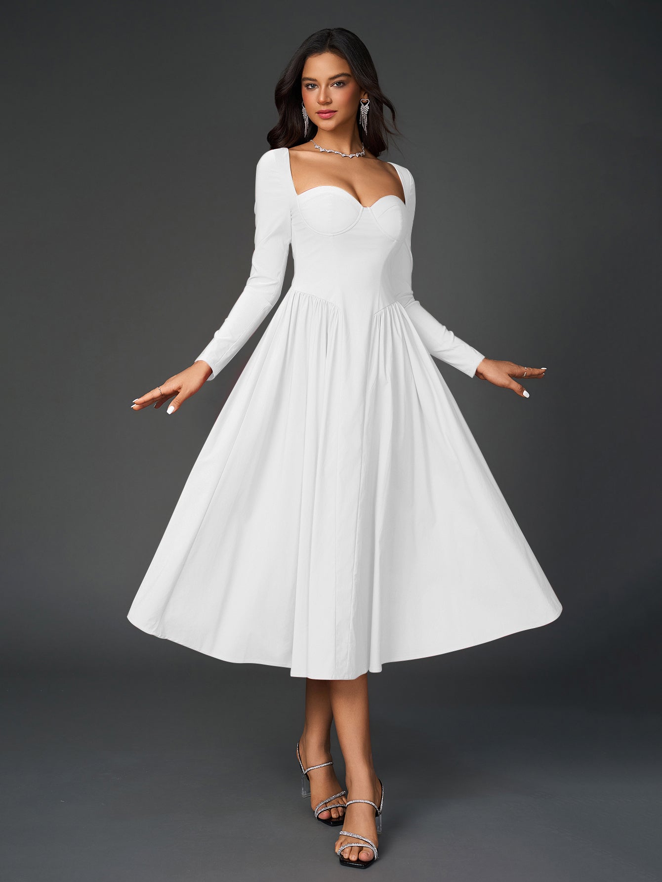 Long Sleeve Tie Back A-Line Dress – Elegant Maxi with Sweetheart Neckline & Ruched Detail