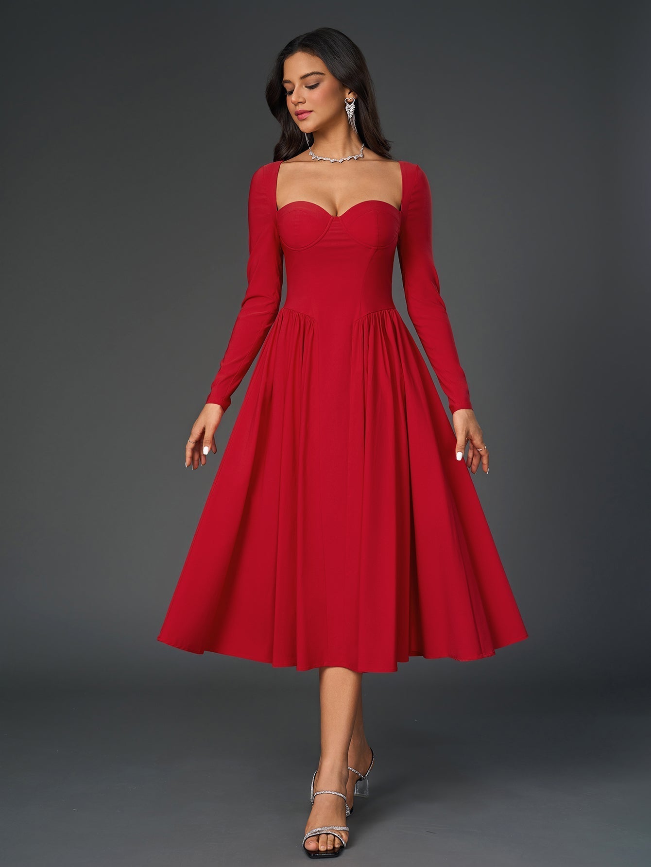 Long Sleeve Tie Back A-Line Dress – Elegant Maxi with Sweetheart Neckline & Ruched Detail