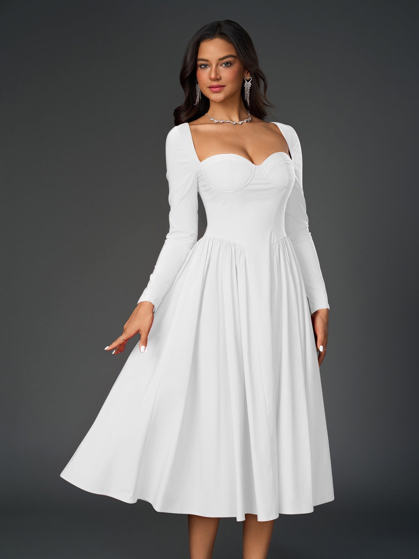 Long Sleeve Tie Back A-Line Dress – Elegant Maxi with Sweetheart Neckline & Ruched Detail
