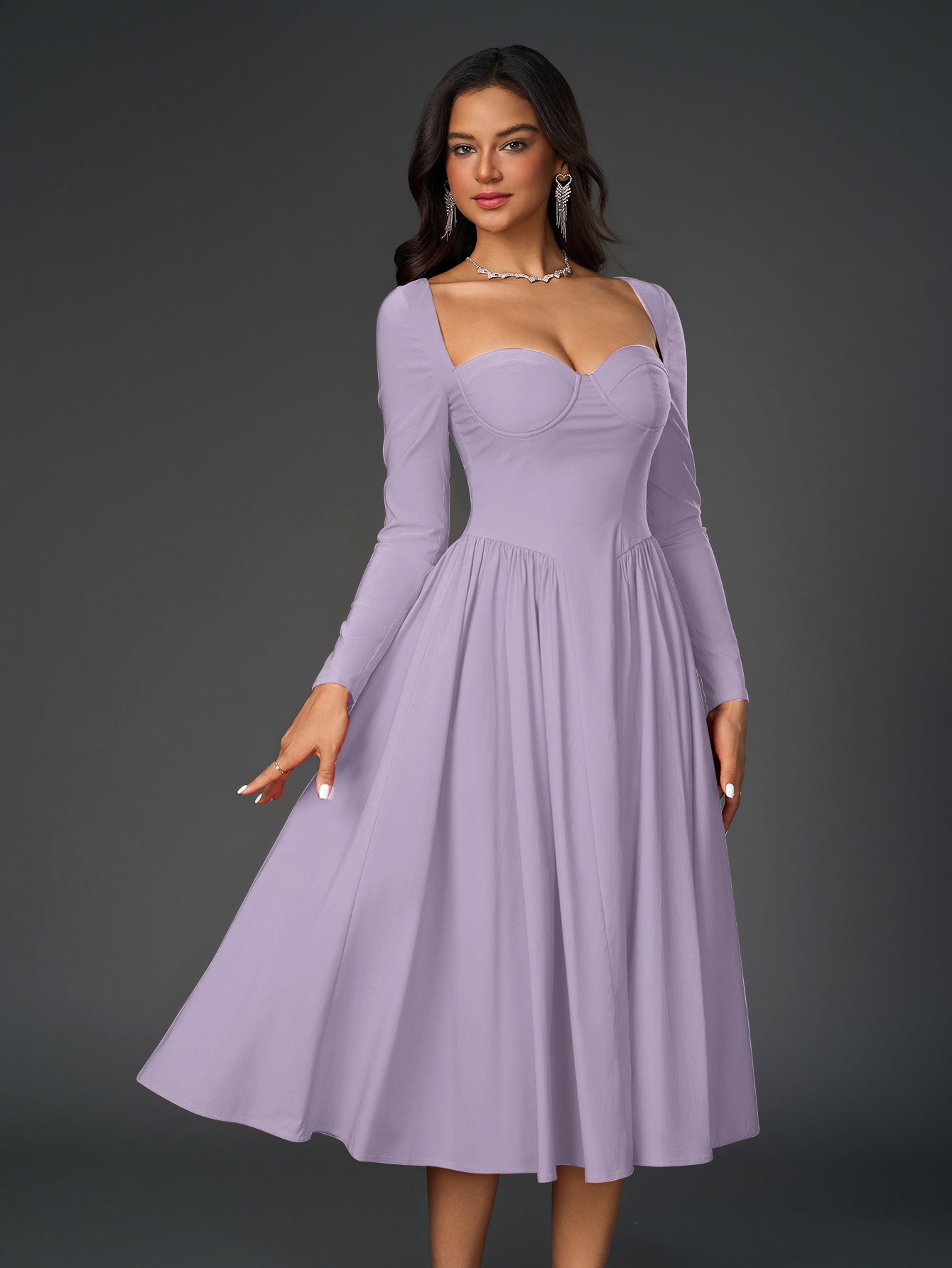 Long Sleeve Tie Back A-Line Dress – Elegant Maxi with Sweetheart Neckline & Ruched Detail