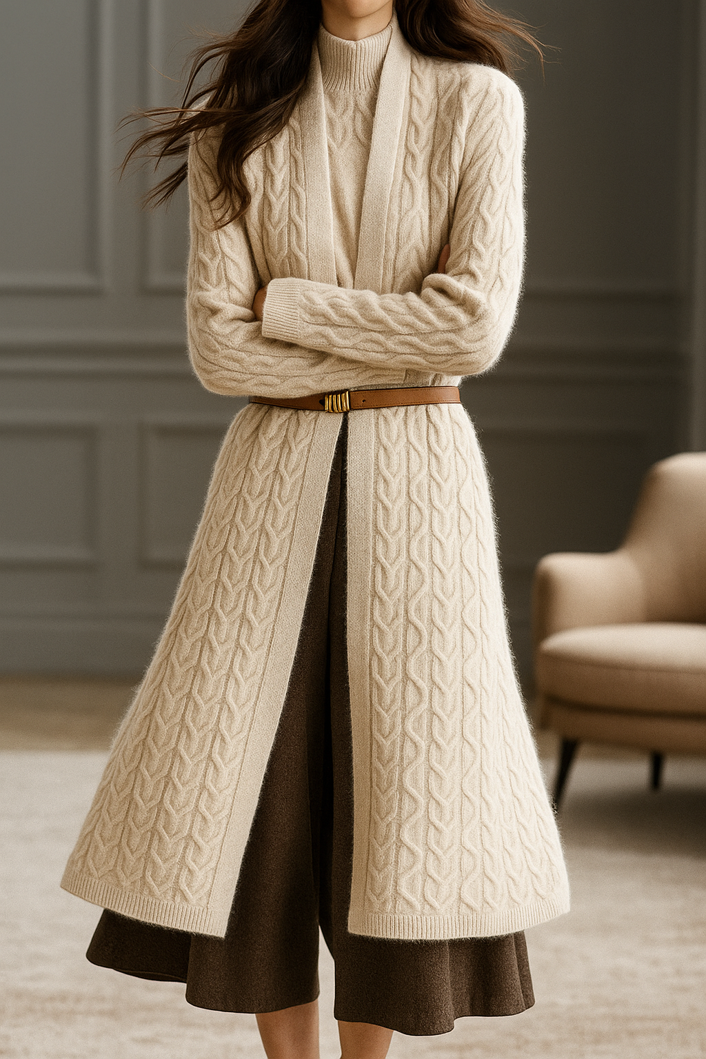 Women’s Long Cable Knit Cardigan – Cozy Merino Blend Layer for Winter Elegance