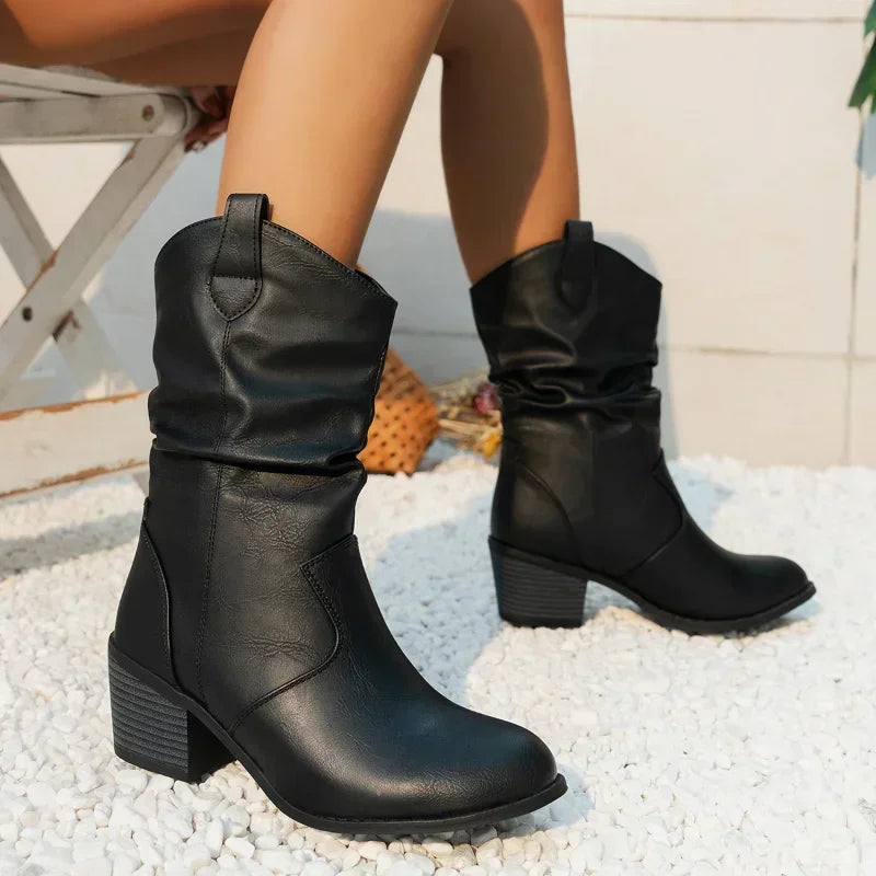 Women’s Mid Calf Western Boots – Slouchy Cowboy Boots with Block Heel