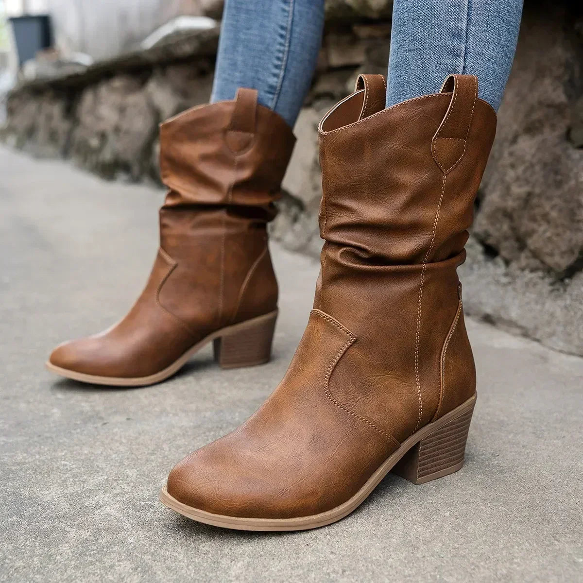 Women’s Mid Calf Western Boots – Slouchy Cowboy Boots with Block Heel