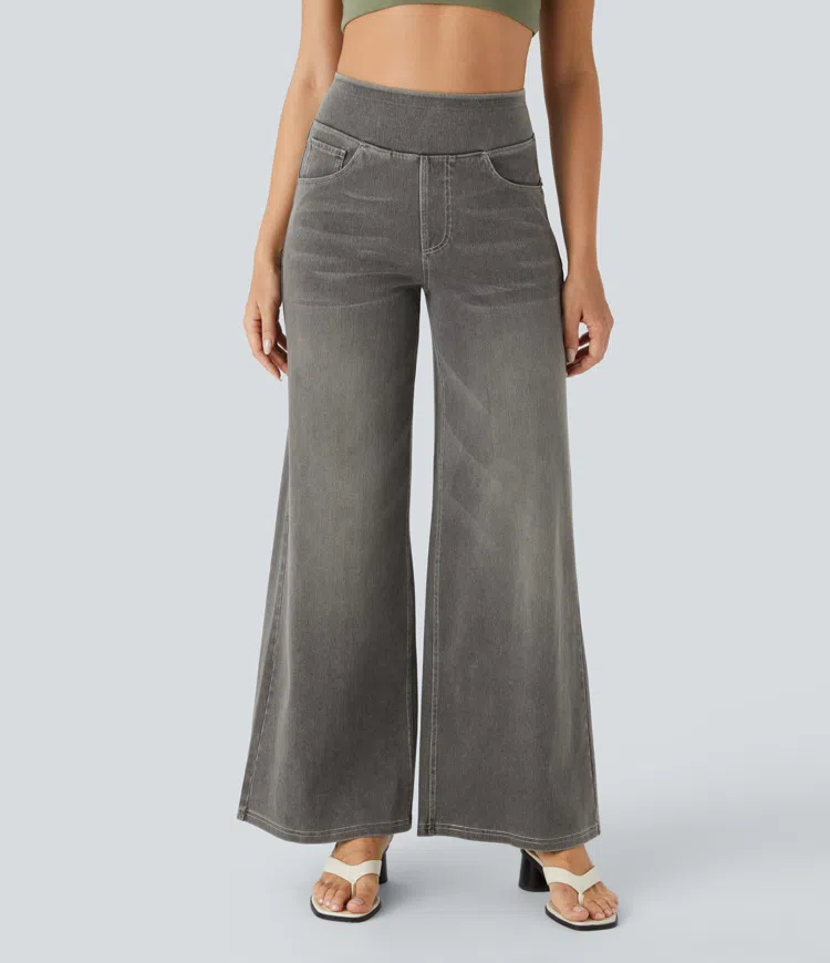 Women’s High Waisted Wide Leg Jeans – Stretch Pull-On Cotton Blend Denim