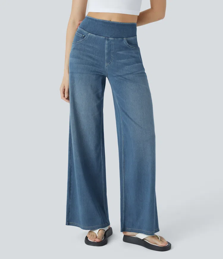 Women’s High Waisted Wide Leg Jeans – Stretch Pull-On Cotton Blend Denim