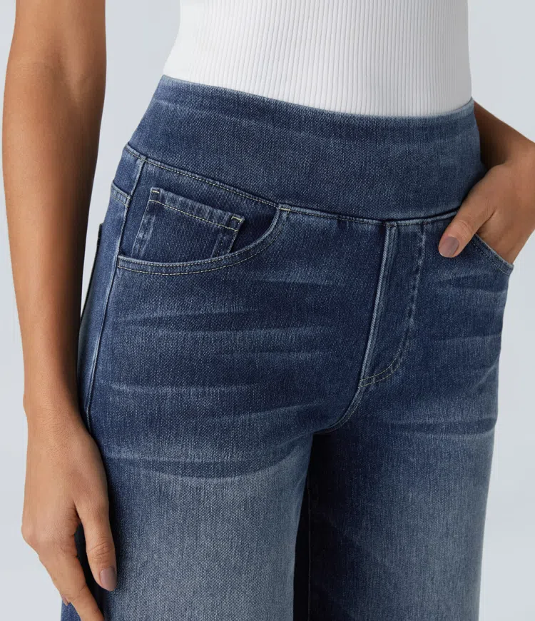 Women’s High Waisted Wide Leg Jeans – Stretch Pull-On Cotton Blend Denim
