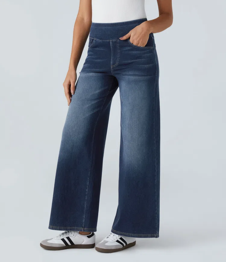 Women’s High Waisted Wide Leg Jeans – Stretch Pull-On Cotton Blend Denim