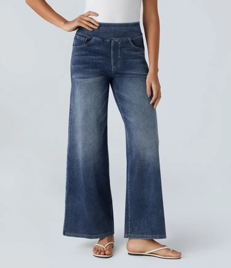 Women’s High Waisted Wide Leg Jeans – Stretch Pull-On Cotton Blend Denim