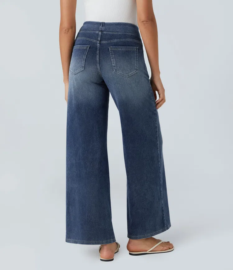 Women’s High Waisted Wide Leg Jeans – Stretch Pull-On Cotton Blend Denim