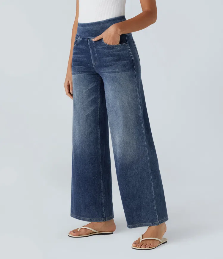 Women’s High Waisted Wide Leg Jeans – Stretch Pull-On Cotton Blend Denim