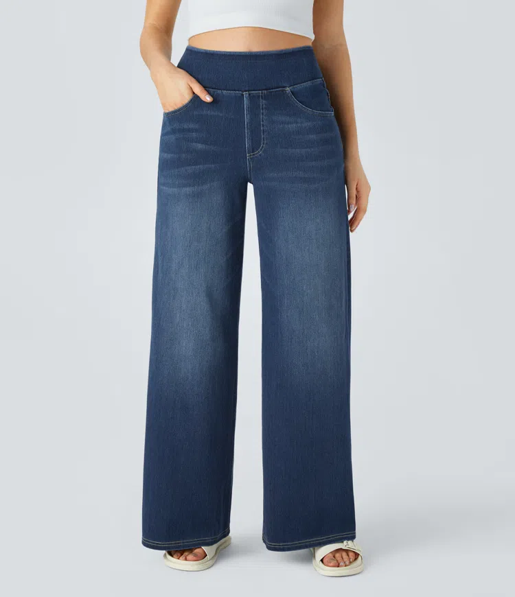 Women’s High Waisted Wide Leg Jeans – Stretch Pull-On Cotton Blend Denim