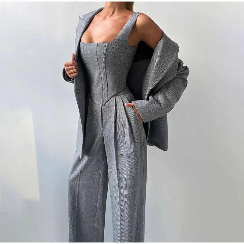Women’s 3 Piece Suit Set – Tailored Blazer, Corset Top & High Waisted Trousers