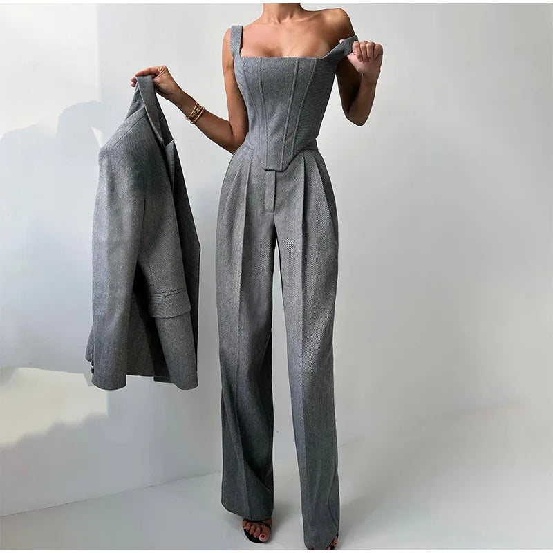 Women’s 3 Piece Suit Set – Tailored Blazer, Corset Top & High Waisted Trousers