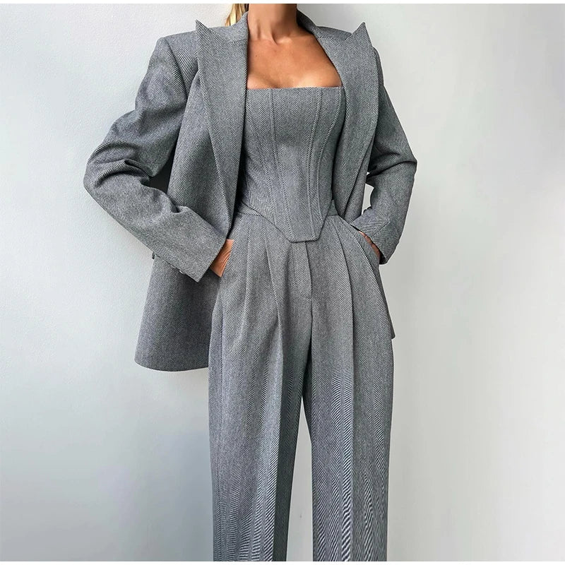 Women’s 3 Piece Suit Set – Tailored Blazer, Corset Top & High Waisted Trousers