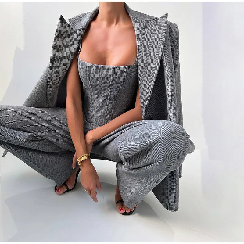 Women’s 3 Piece Suit Set – Tailored Blazer, Corset Top & High Waisted Trousers