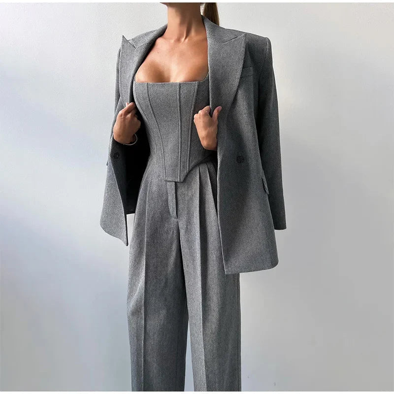 Women’s 3 Piece Suit Set – Tailored Blazer, Corset Top & High Waisted Trousers