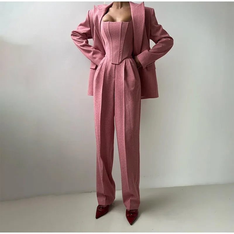 Women’s 3 Piece Suit Set – Tailored Blazer, Corset Top & High Waisted Trousers