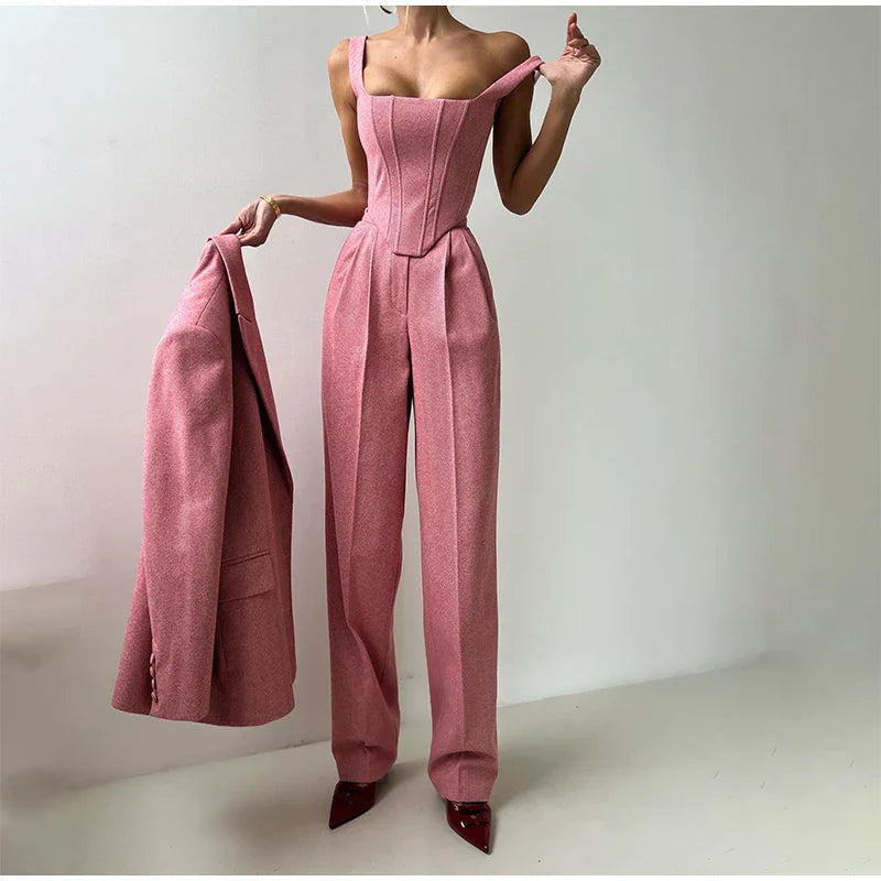 Women’s 3 Piece Suit Set – Tailored Blazer, Corset Top & High Waisted Trousers
