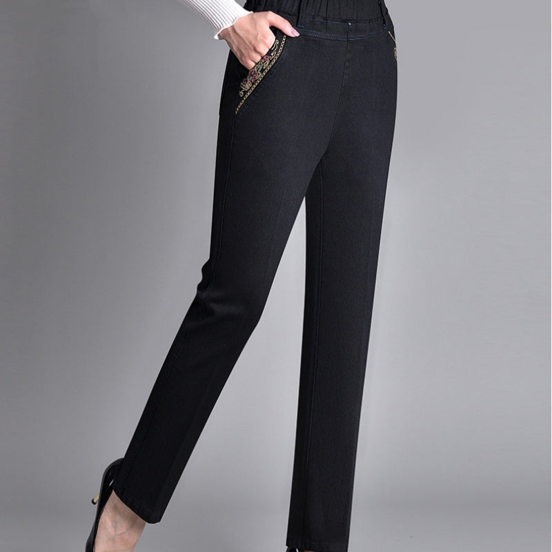 Women’s Straight Leg Jeans – Elastic Waist Polyester Blend Denim for Everyday Comfort