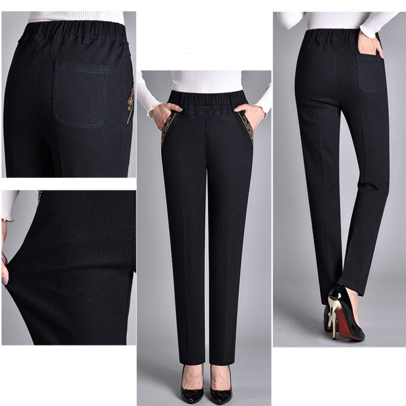 Women’s Straight Leg Jeans – Elastic Waist Polyester Blend Denim for Everyday Comfort
