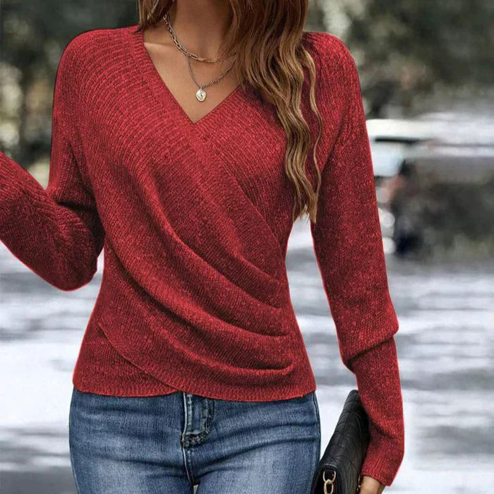 Women’s Wrap Knit Sweater with V-Neck – Soft Draped Long Sleeve Top