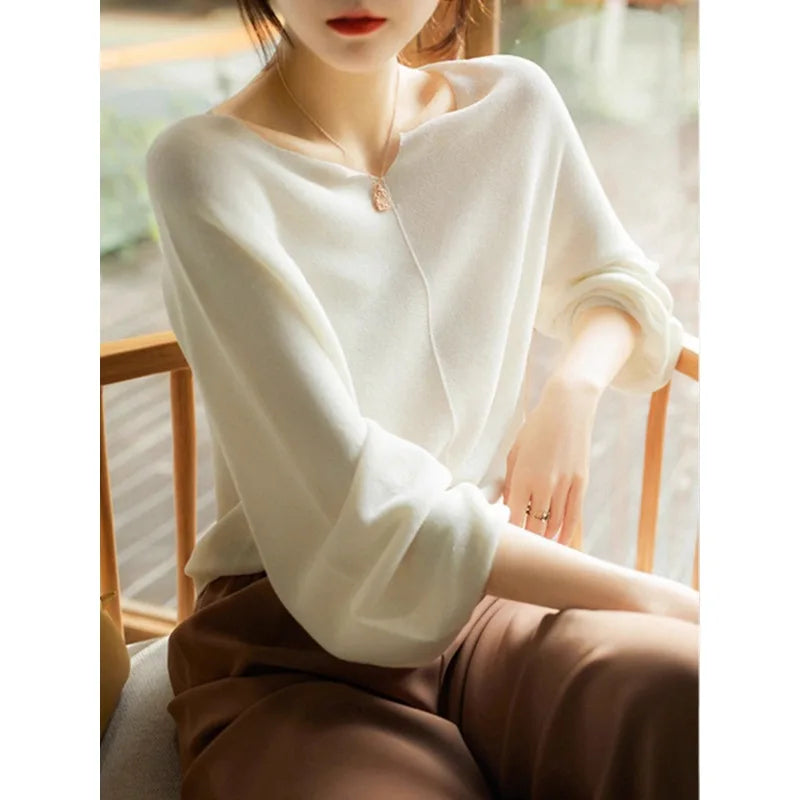 Women’s Draped Knit Sweater Top – Elegant Long Sleeve Top with Flattering Fit