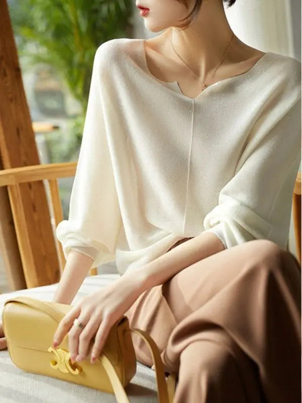 Women’s Draped Knit Sweater Top – Elegant Long Sleeve Top with Flattering Fit