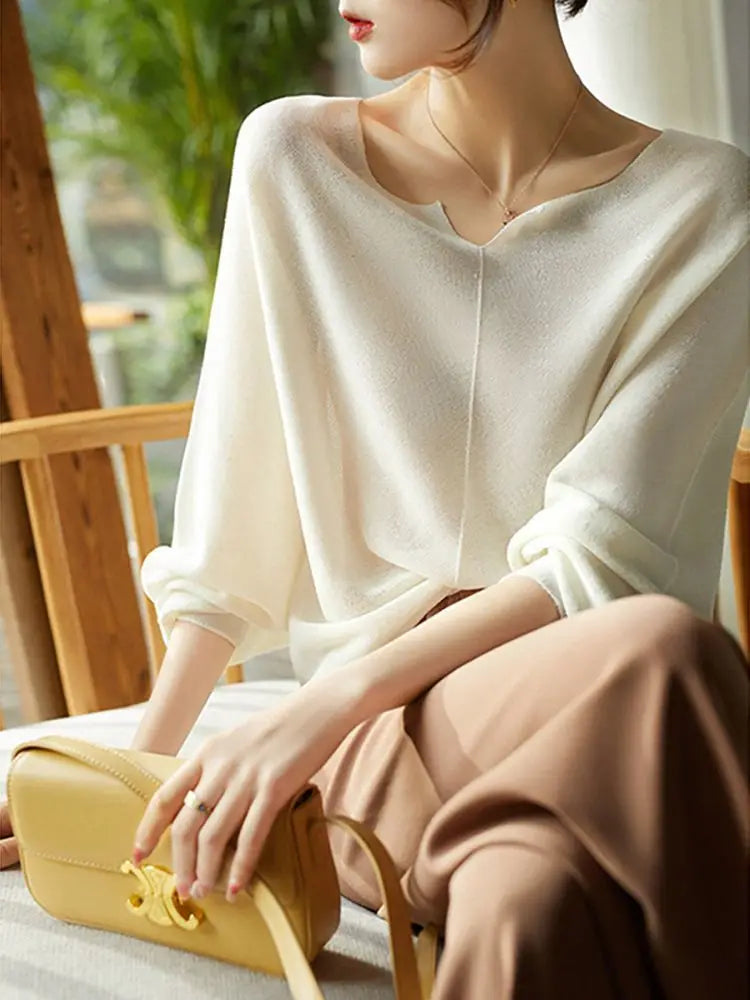 Women’s Draped Knit Sweater Top – Elegant Long Sleeve Top with Flattering Fit
