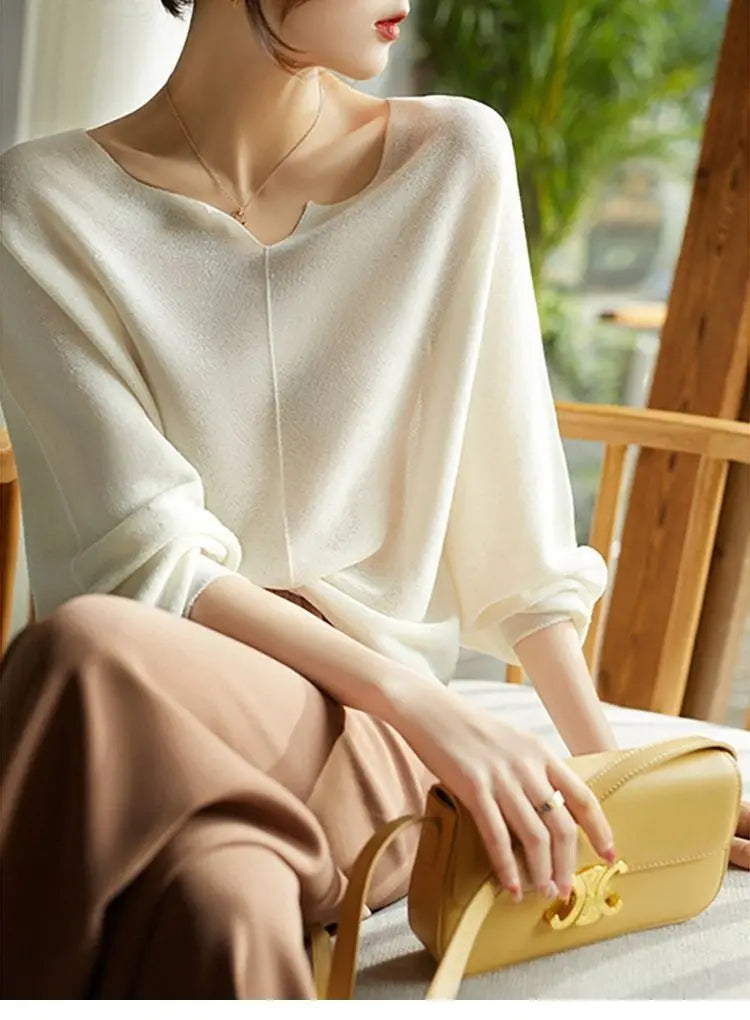 Women’s Draped Knit Sweater Top – Elegant Long Sleeve Top with Flattering Fit
