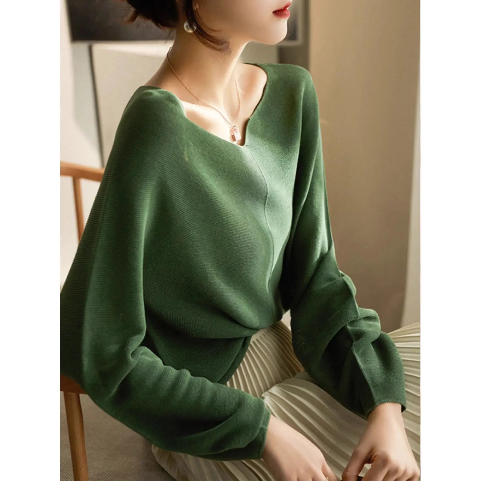 Women’s Draped Knit Sweater Top – Elegant Long Sleeve Top with Flattering Fit