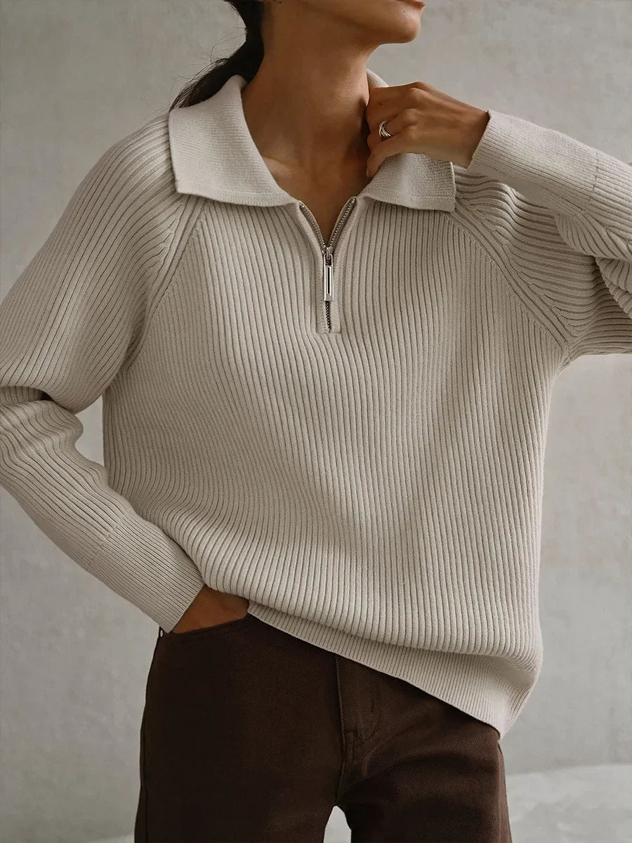 Ribbed Half-Zip Sweater with Polo Collar – Soft Knit Pullover for Everyday Wear