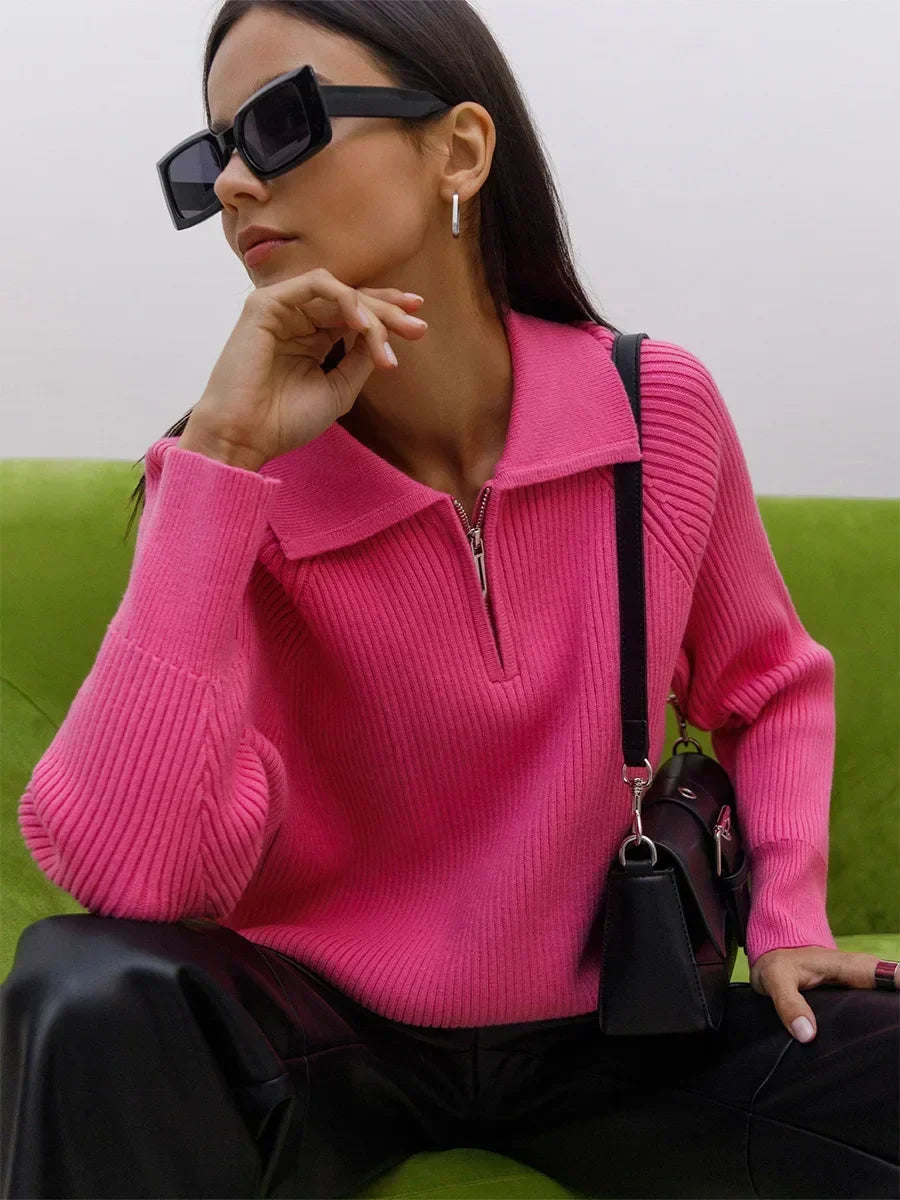 Ribbed Half-Zip Sweater with Polo Collar – Soft Knit Pullover for Everyday Wear