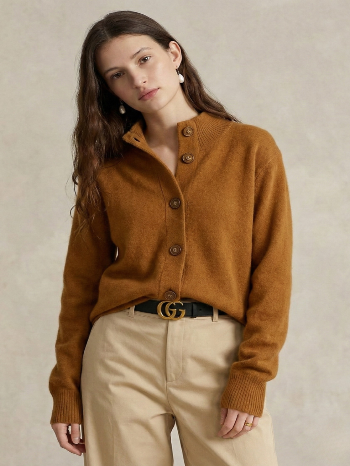 Women’s Button Cardigan – Half High Neck Polyester Knit Layer