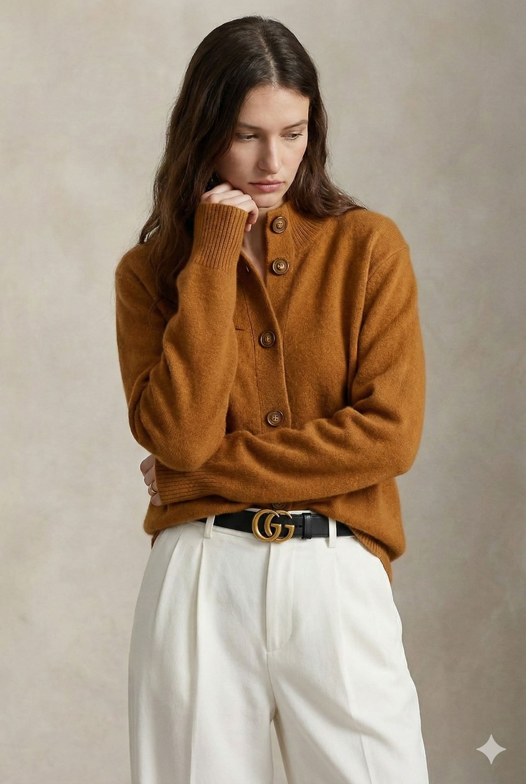 Women’s Button Cardigan – Half High Neck Polyester Knit Layer