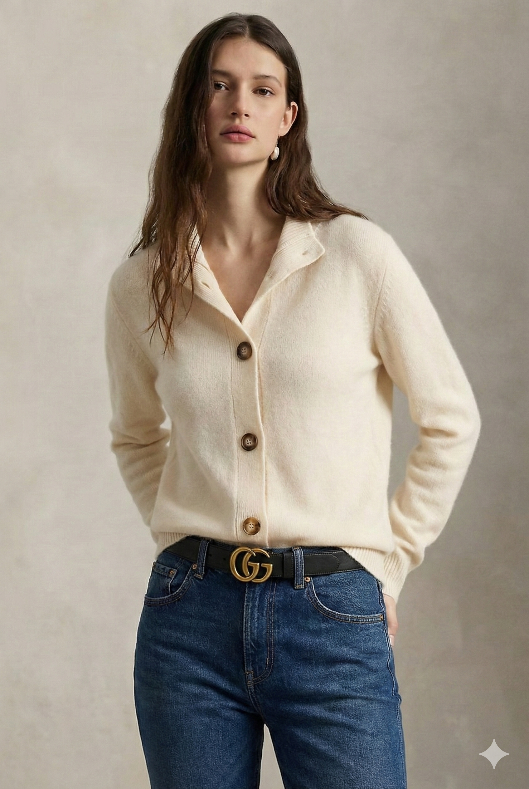 Women’s Button Cardigan – Half High Neck Polyester Knit Layer