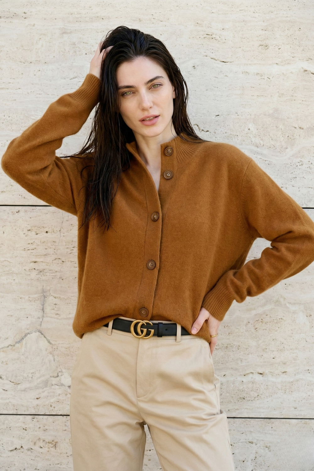 Women’s Button Cardigan – Half High Neck Polyester Knit Layer