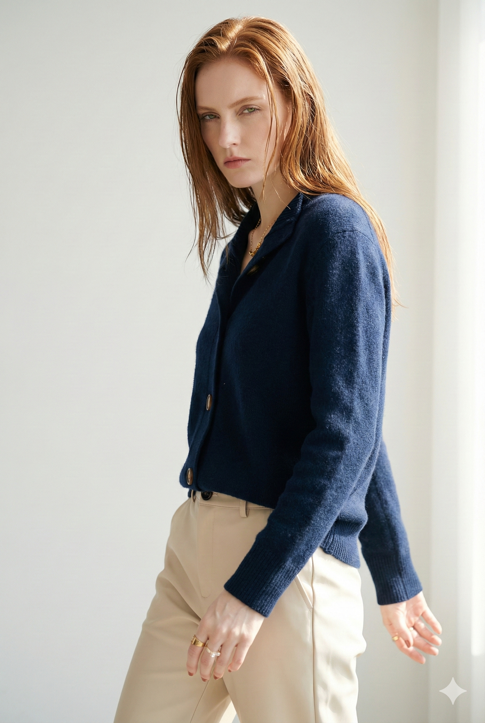 Women’s Button Cardigan – Half High Neck Polyester Knit Layer