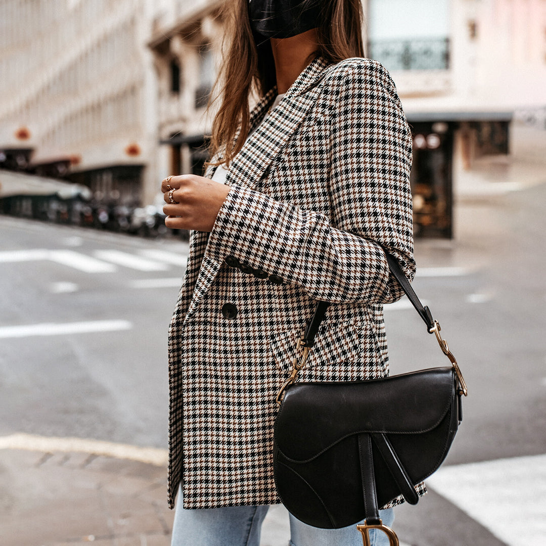 Women’s Double-Breasted Blazer – Oversized Polyester Speckled Jacket