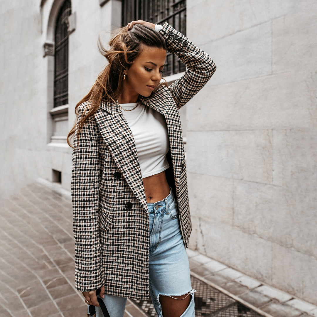 Women’s Double-Breasted Blazer – Oversized Polyester Speckled Jacket