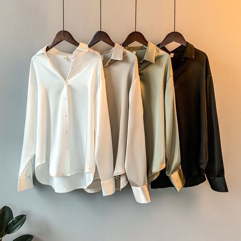 Women’s Satin Button Blouse – Silky SilkenWeave Collared Long Sleeve Shirt