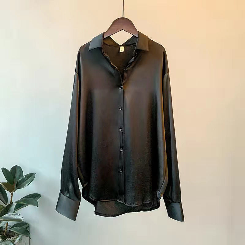 Women’s Satin Button Blouse – Silky SilkenWeave Collared Long Sleeve Shirt
