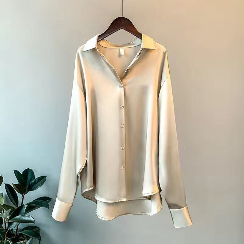 Women’s Satin Button Blouse – Silky SilkenWeave Collared Long Sleeve Shirt