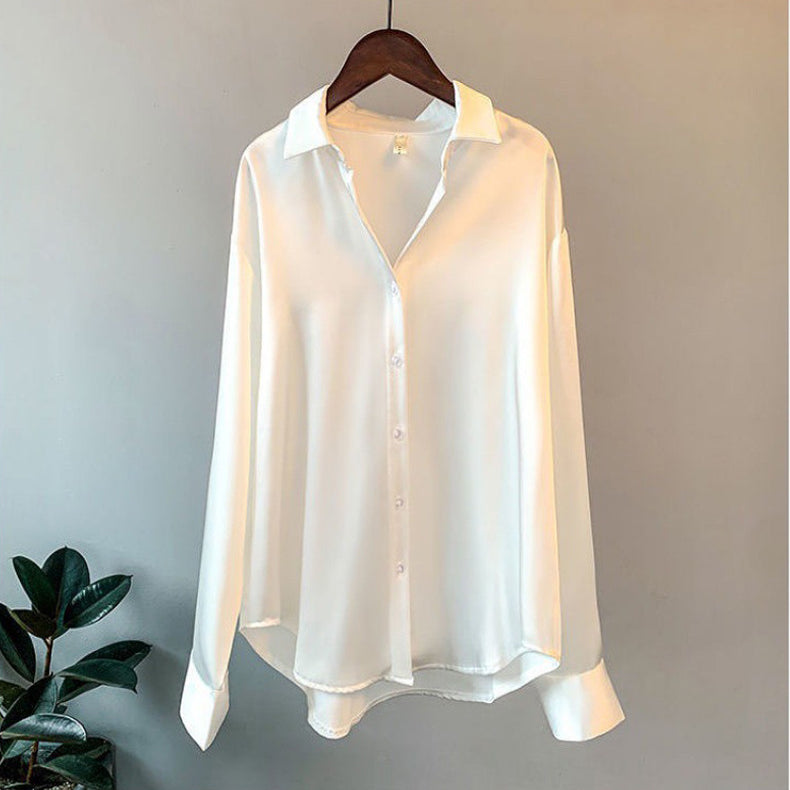Women’s Satin Button Blouse – Silky SilkenWeave Collared Long Sleeve Shirt