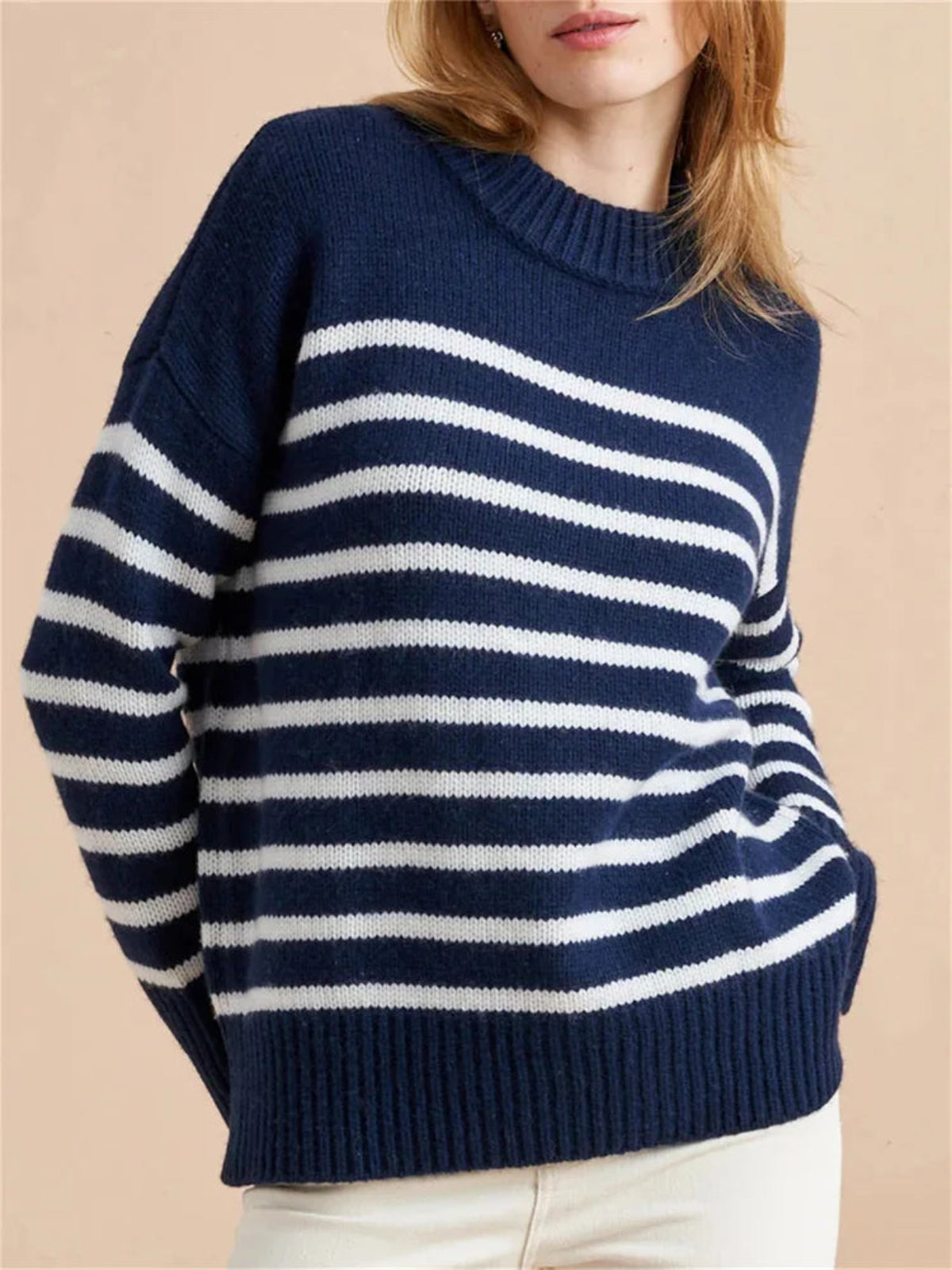 Women’s Striped Cotton Sweater – Relaxed Drop-Shoulder Pullover for Cozy Everyday Style