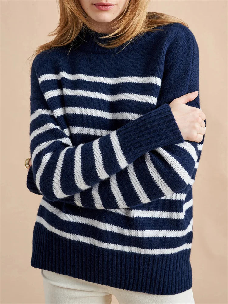 Women’s Striped Cotton Sweater – Relaxed Drop-Shoulder Pullover for Cozy Everyday Style