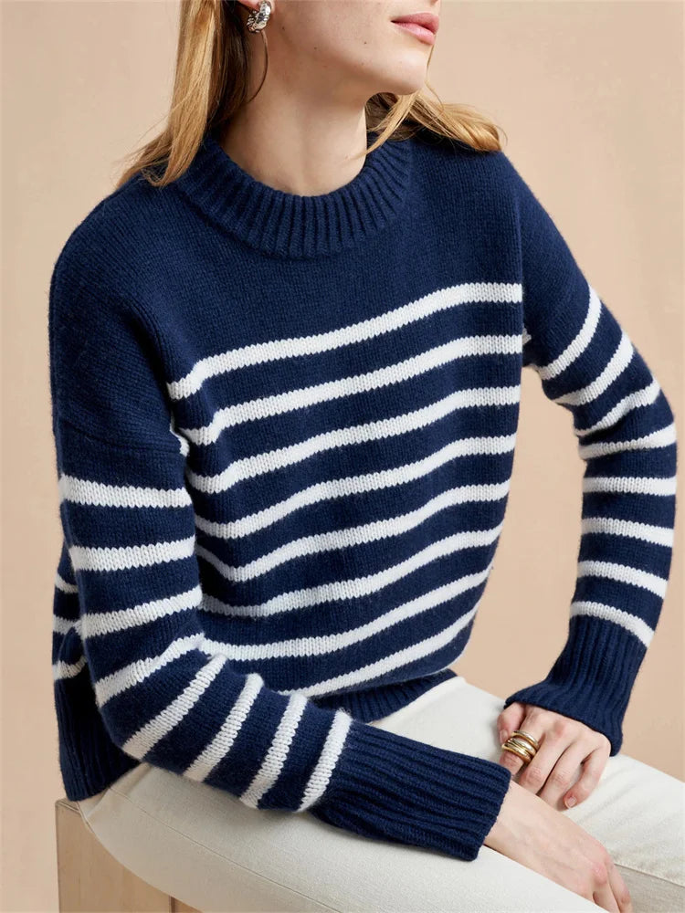 Women’s Striped Cotton Sweater – Relaxed Drop-Shoulder Pullover for Cozy Everyday Style